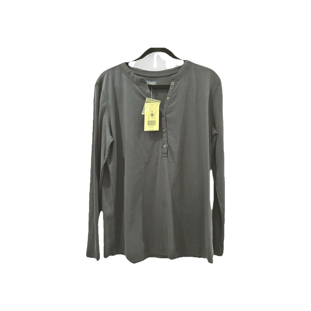 Chaps Womens 1X Top Navy Blue V-Neck Long Sleeve Henley 100% Cotton Button NWT